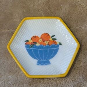 NWT 2”Lx3” Stonewear dish trinket tray with oranges in a blue bowl design